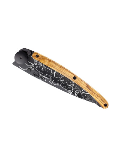 Deejo 1GB512 Tattoo Serration,black 37g,olive wood,Hunting Scene